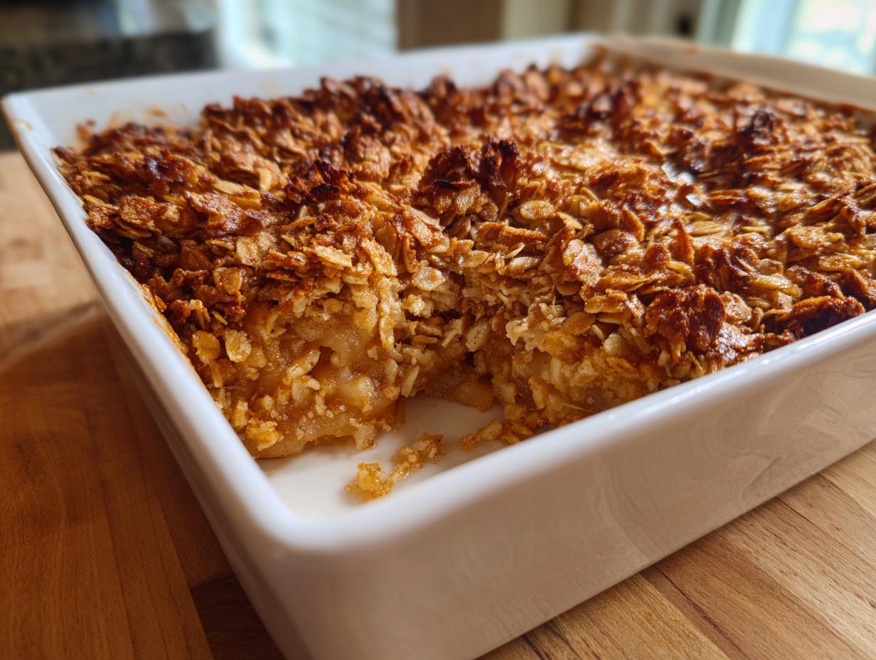 Close-up of a golden brown, baked pear crisp with a crunchy oat topping, served in a white rectangular dish.