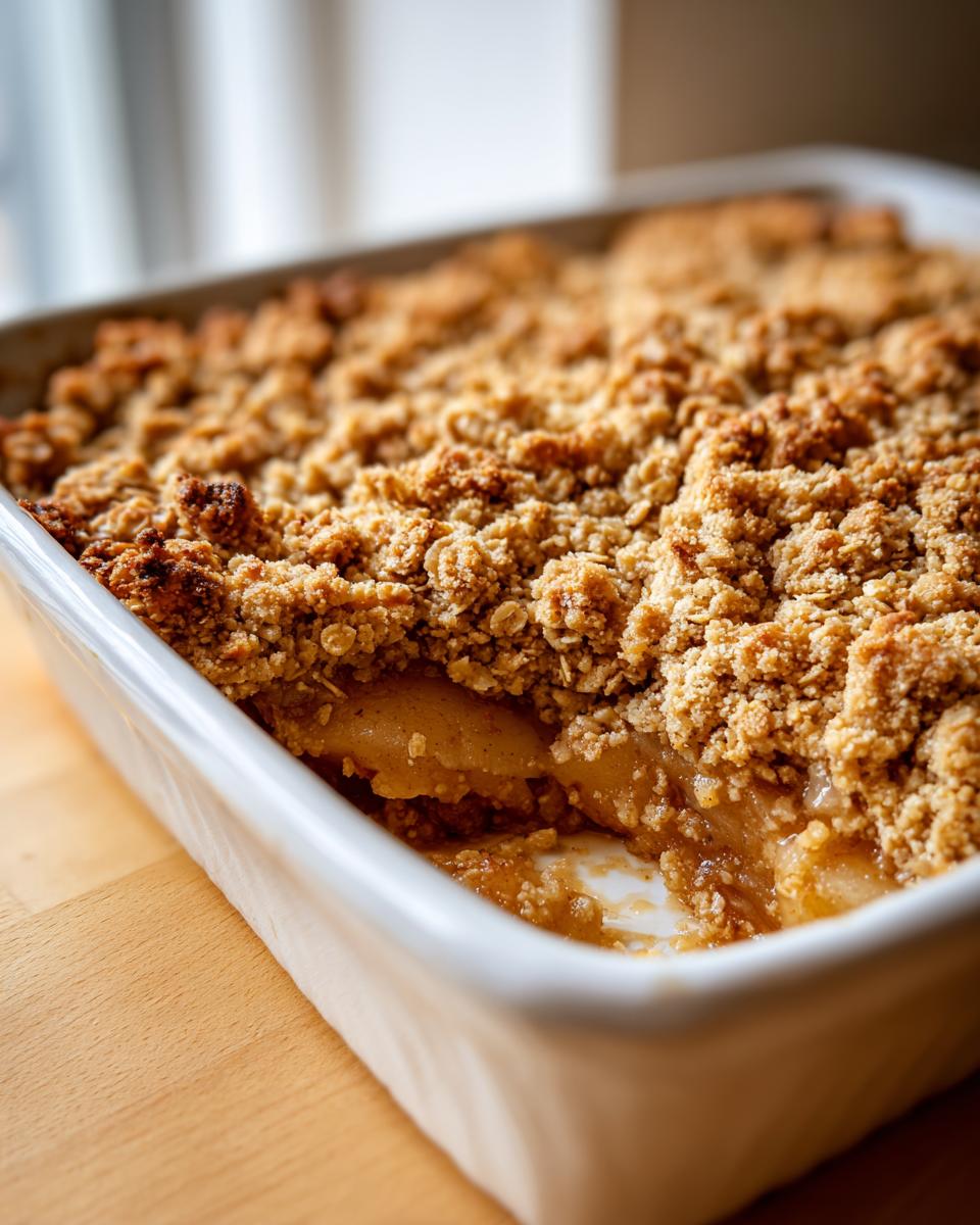 Close-up of a freshly baked pear crisp in a white baking dish, showing the caramelized fruit filling beneath the crunchy oat topping.