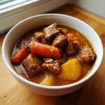 Close-up of a white bowl filled with rich, savory pork stew chunks, carrots, and potatoes.
