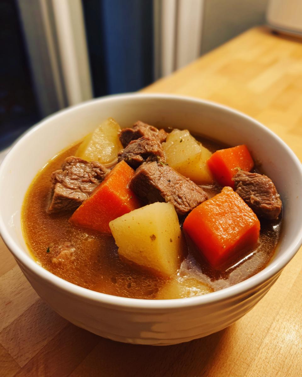 Close-up of a white bowl filled with rich, brown pork stew featuring chunks of tender meat, potatoes, and bright orange carrots.