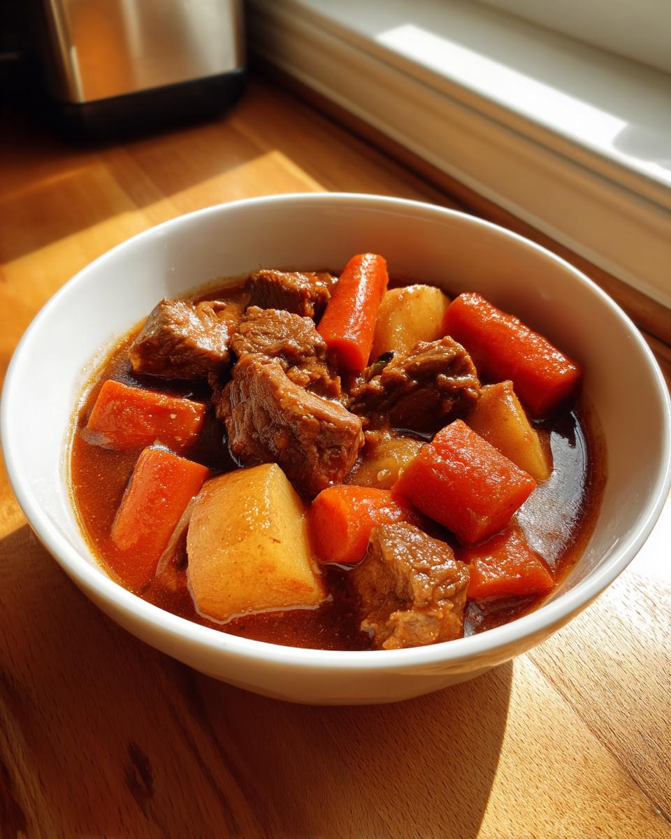 Close-up of a white bowl filled with tender chunks of pork stew, carrots, and potatoes in a rich broth.