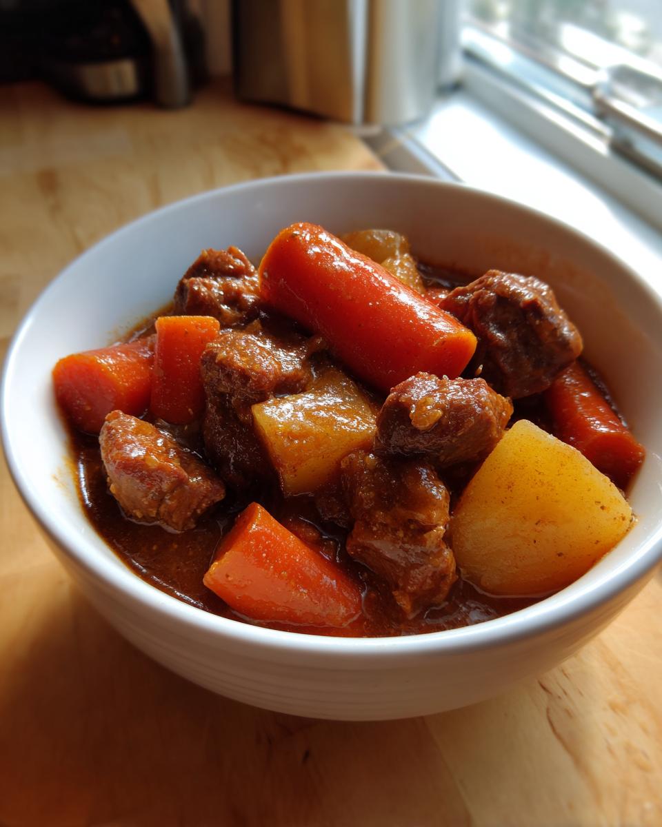 Close-up of a white bowl filled with rich, brown pork stew featuring tender chunks of meat, bright orange carrots, and potatoes.