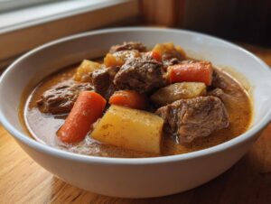 A close-up of a white bowl filled with rich, savory pork stew, featuring tender chunks of meat, carrots, and potatoes.
