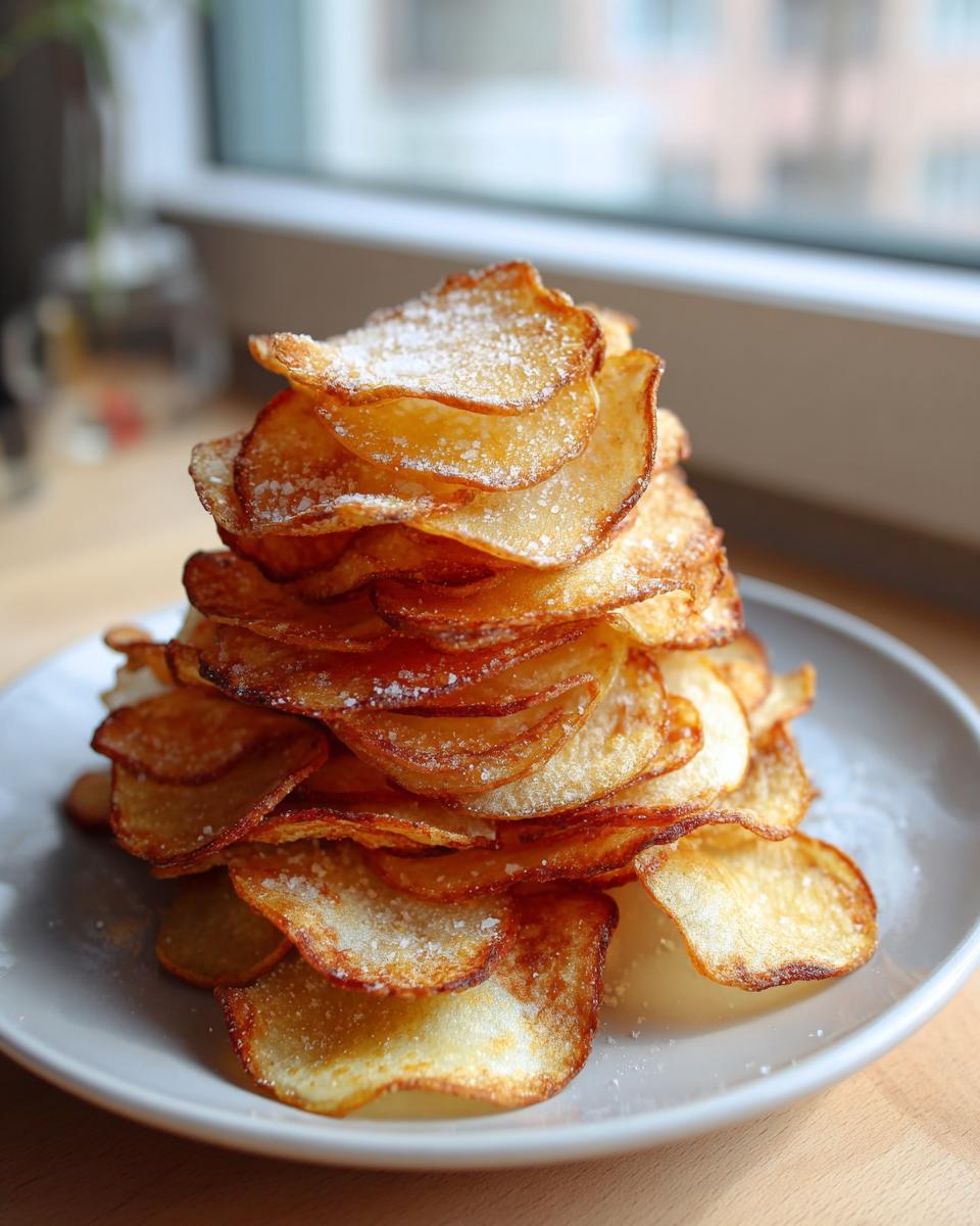 A tall stack of freshly made, golden brown potato chips sprinkled with seasoning on a white plate.
