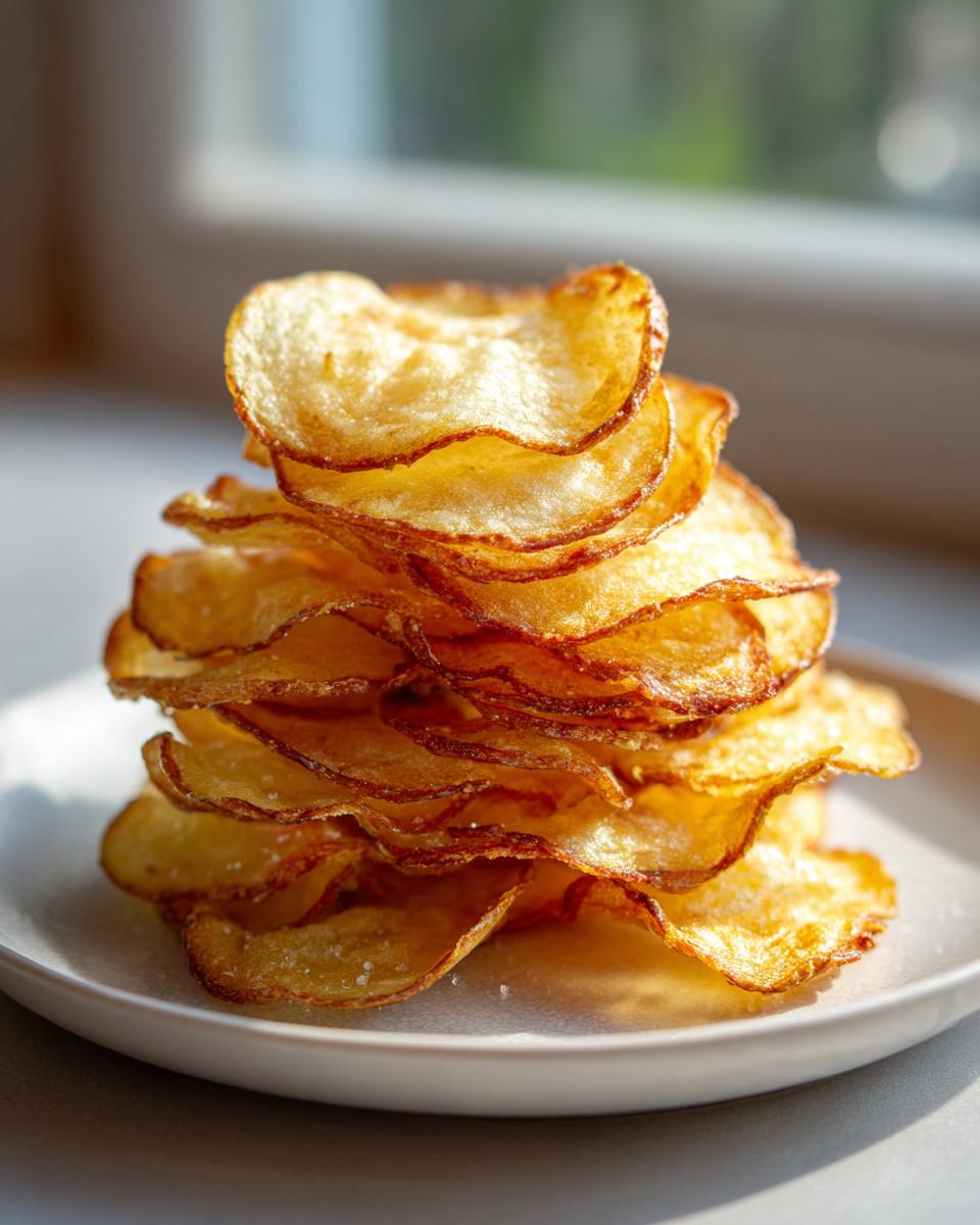 A tall stack of golden, crispy homemade potato chips seasoned with salt on a small white plate.