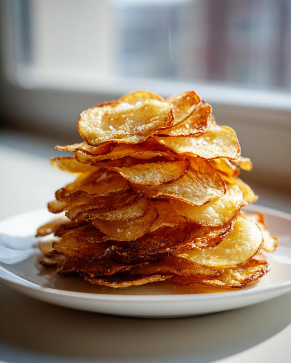 A tall stack of golden brown, homemade potato chips sprinkled with coarse salt on a white plate.