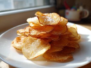 A tall stack of golden brown, homemade potato chips sprinkled with salt, featured on a white plate.