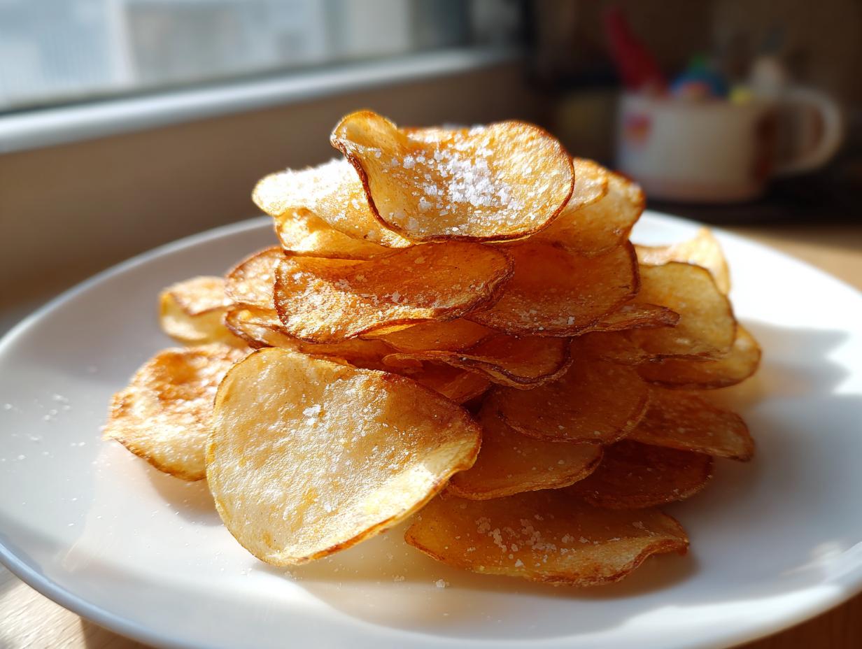 A tall stack of golden brown, homemade potato chips sprinkled with salt, featured on a white plate.