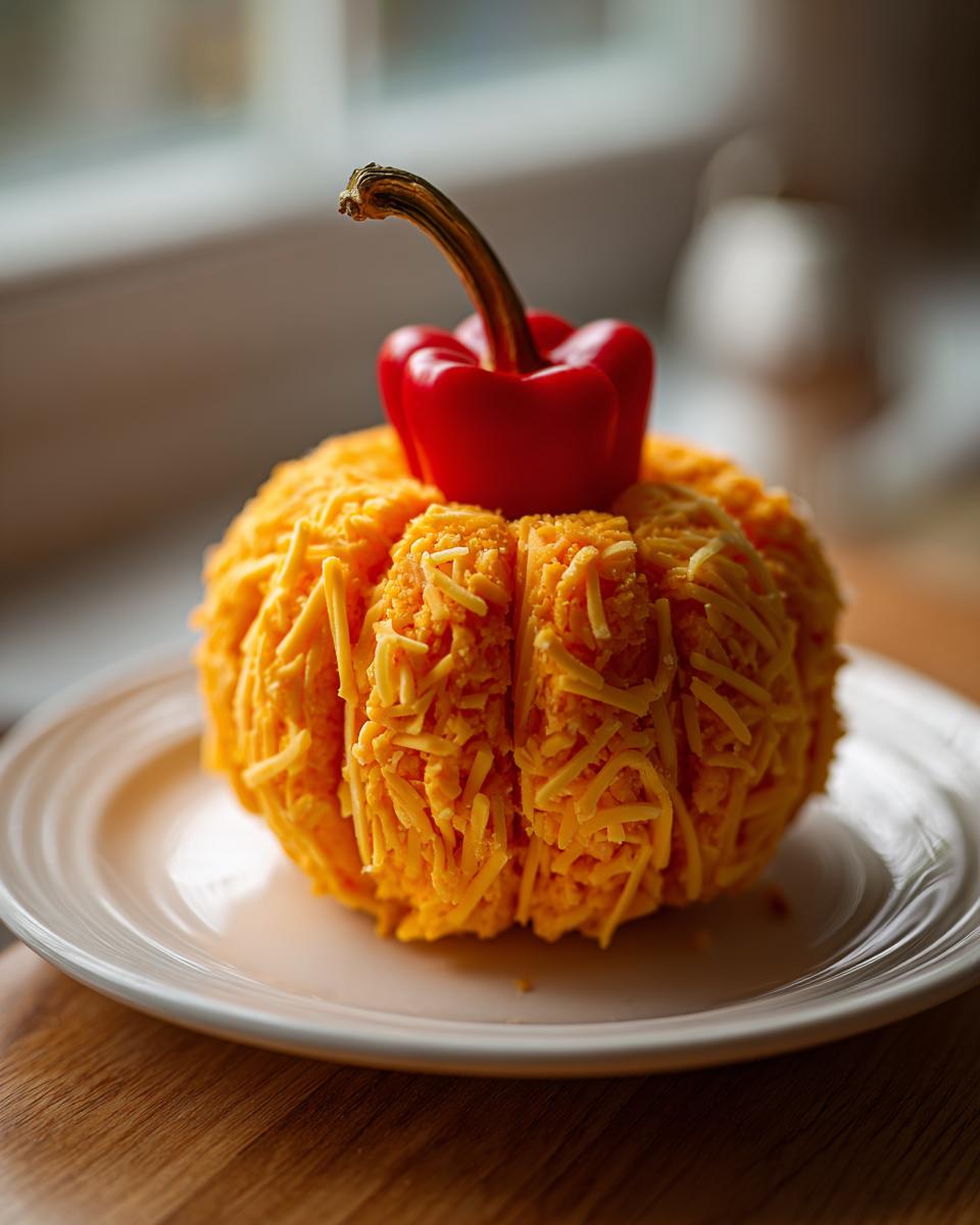 A vibrant orange pumpkin cheese ball covered in shredded cheese, topped with a red pepper stem.