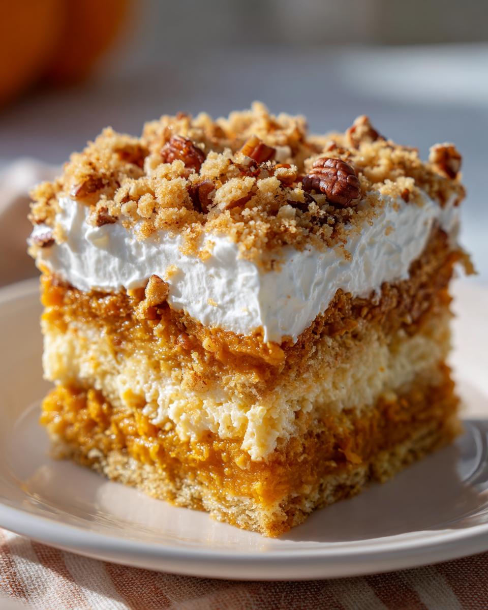 A square slice of layered pumpkin crunch dessert with a creamy topping and pecan crumble.