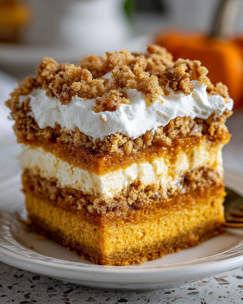 Close-up of a layered slice of pumpkin crunch dessert with cream cheese filling and streusel topping.