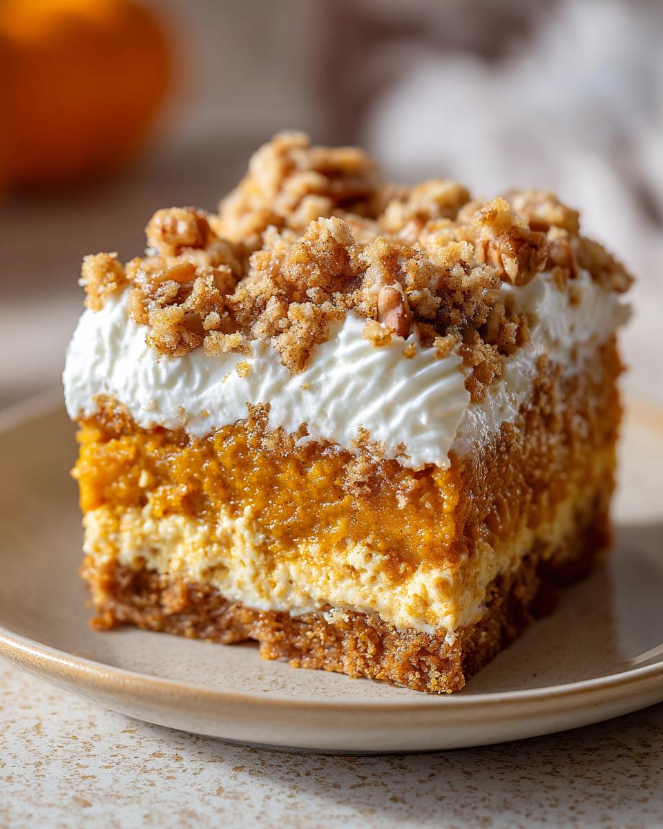 Close-up of a layered slice of pumpkin crunch dessert with a graham cracker crust, pumpkin filling, cream cheese layer, whipped topping, and pecan crumble.