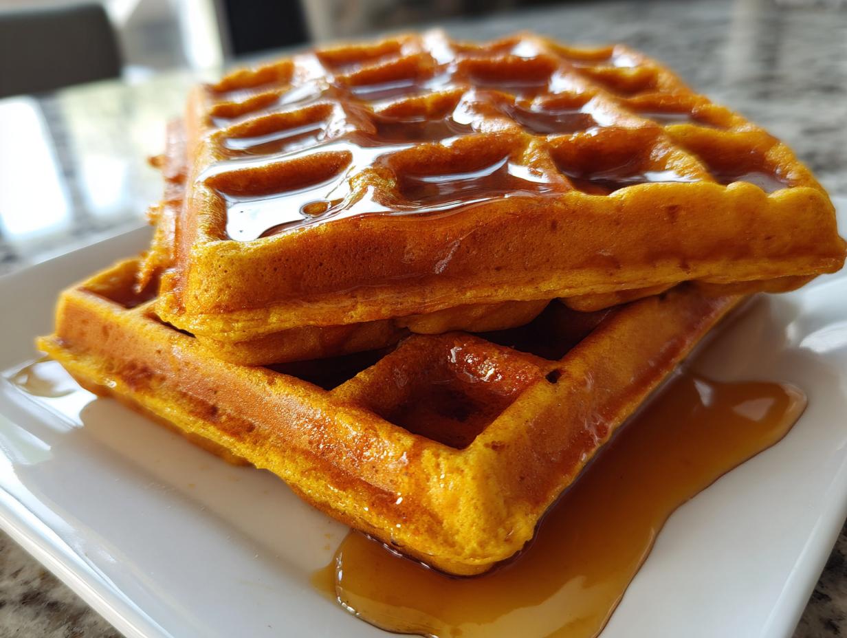 Close-up of two golden-orange pumpkin waffles stacked and drizzled generously with syrup.