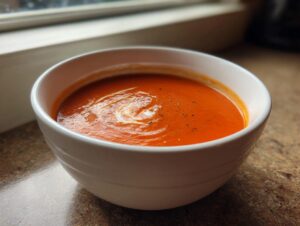A close-up of a white bowl filled with vibrant orange roasted tomato soup, topped with a swirl of cream and pepper.