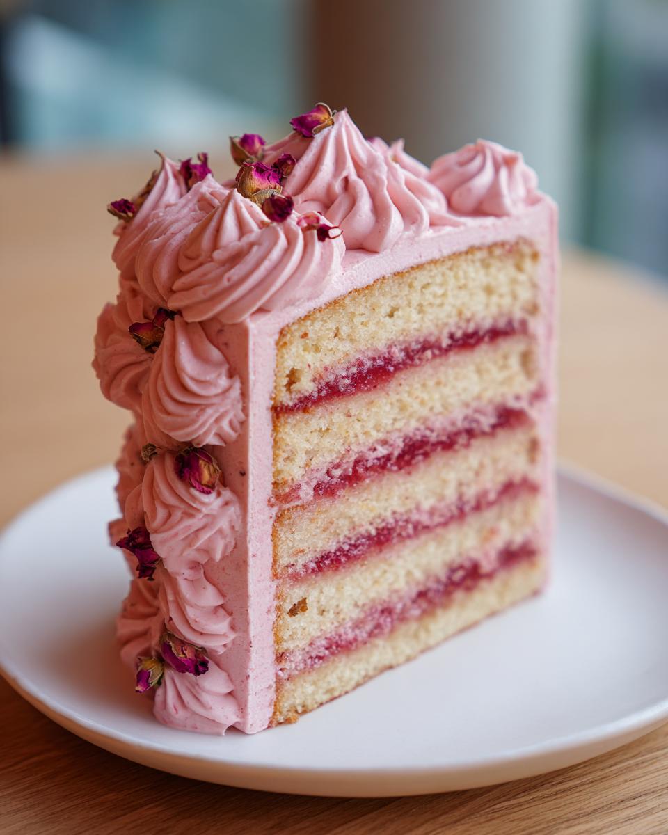 A tall slice of layered rose cake with pink frosting, jam filling, and dried rosebuds on top.