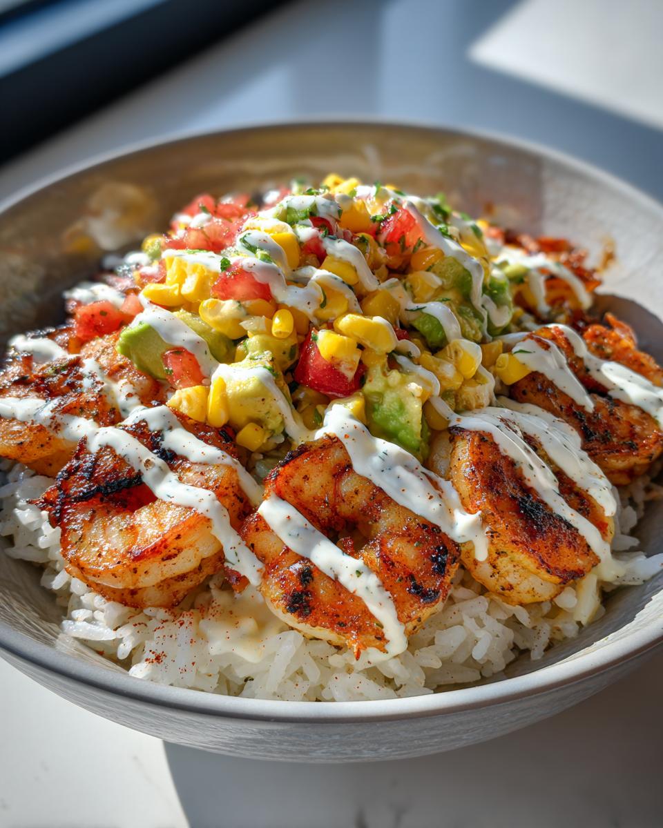 Close-up of a vibrant shrimp bowl featuring seasoned grilled shrimp over white rice, topped with corn salsa and drizzled with white sauce.