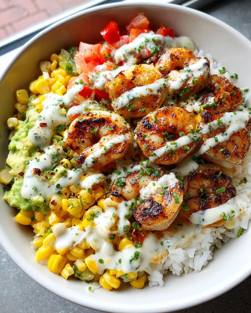 A close-up of a vibrant shrimp bowl featuring grilled shrimp, corn, avocado, diced tomatoes, and a creamy white sauce over rice.