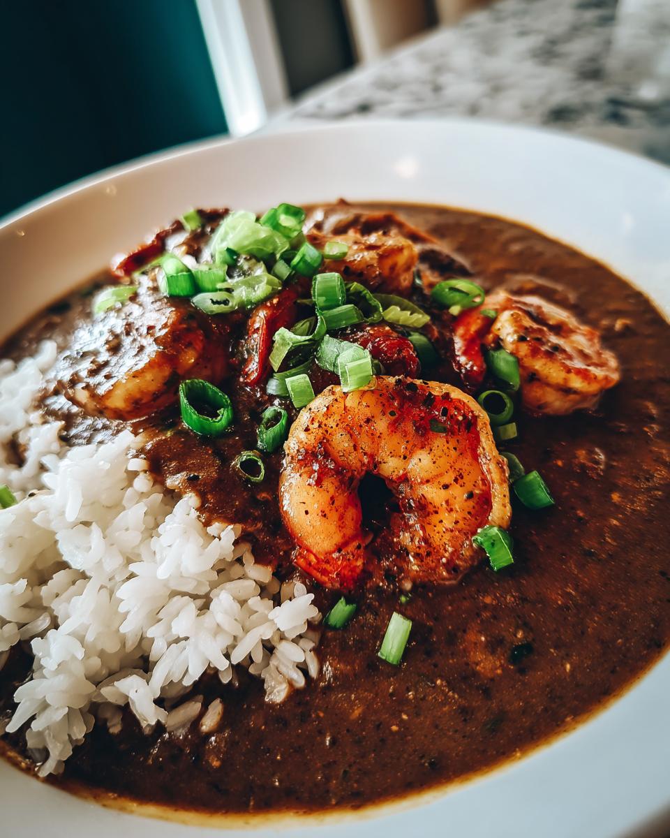 A close-up of rich, dark shrimp etouffee served in a white bowl next to white rice and topped with fresh green onions.