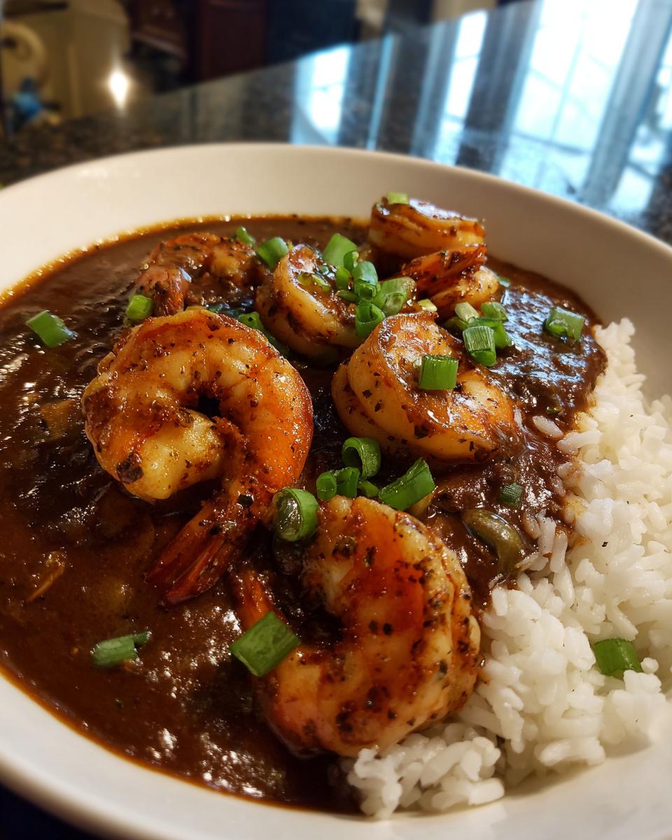 Close-up of perfectly cooked shrimp in rich, dark sauce served over white rice for shrimp etouffee.