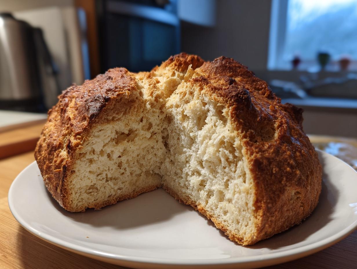 A rustic loaf of freshly baked soda bread, cut open to show the crumb, resting on a white plate.