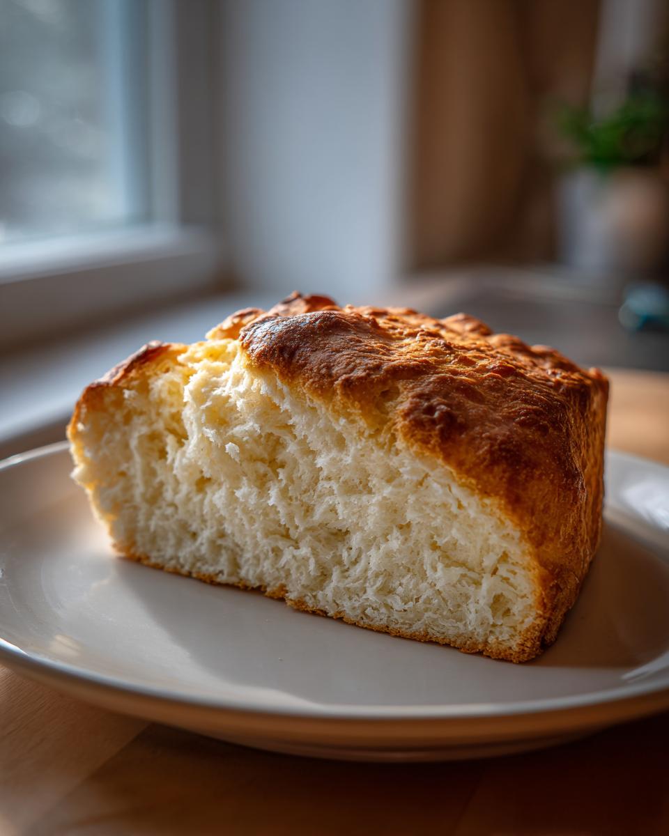 A thick slice of homemade soda bread showing its fluffy white interior and golden brown crust, resting on a light plate.