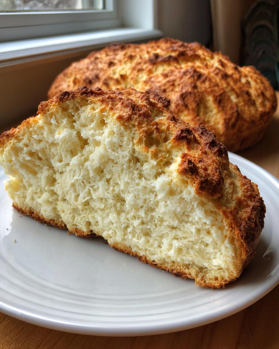 A thick slice of fluffy, white soda bread with a deeply golden, crusty top, resting on a white plate.