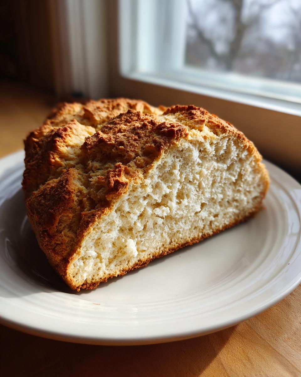 A thick slice of homemade soda bread showing a light, fluffy interior and a deeply browned, crusty top, resting on a white plate.