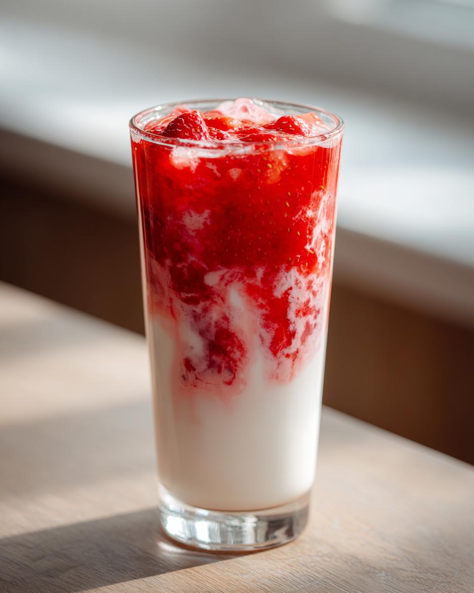 Close-up of a tall glass filled with homemade strawberry milk, showing layers of white milk and bright red strawberry puree.