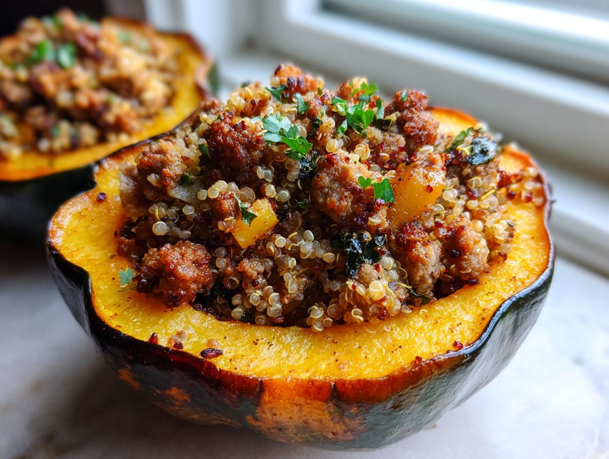 A close-up of a baked acorn squash half filled with a savory stuffing mixture of quinoa, sausage, and herbs, showcasing the bright orange flesh.