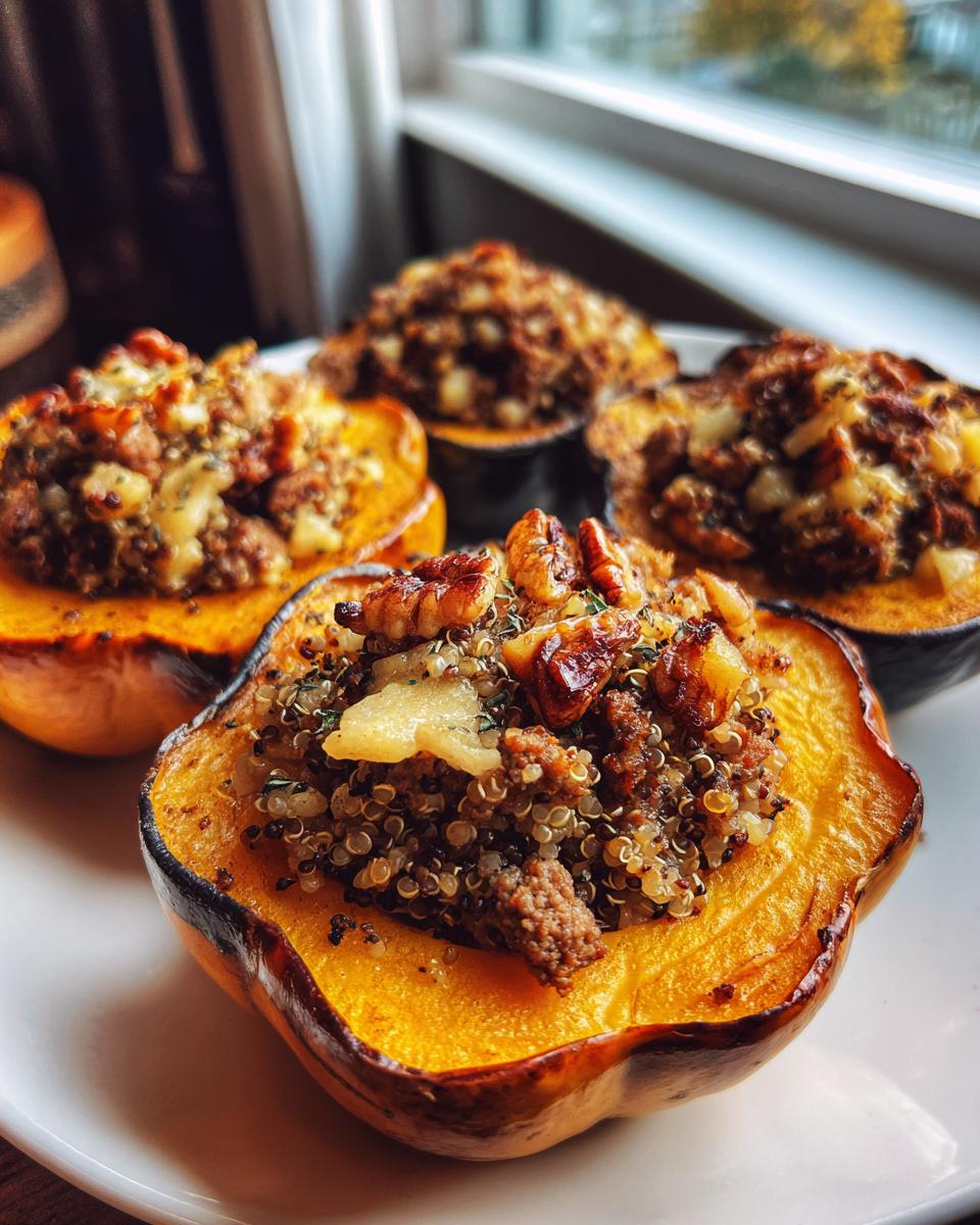 Four halves of baked stuffed acorn squash filled with quinoa, sausage, and topped with pecans, ready to eat.