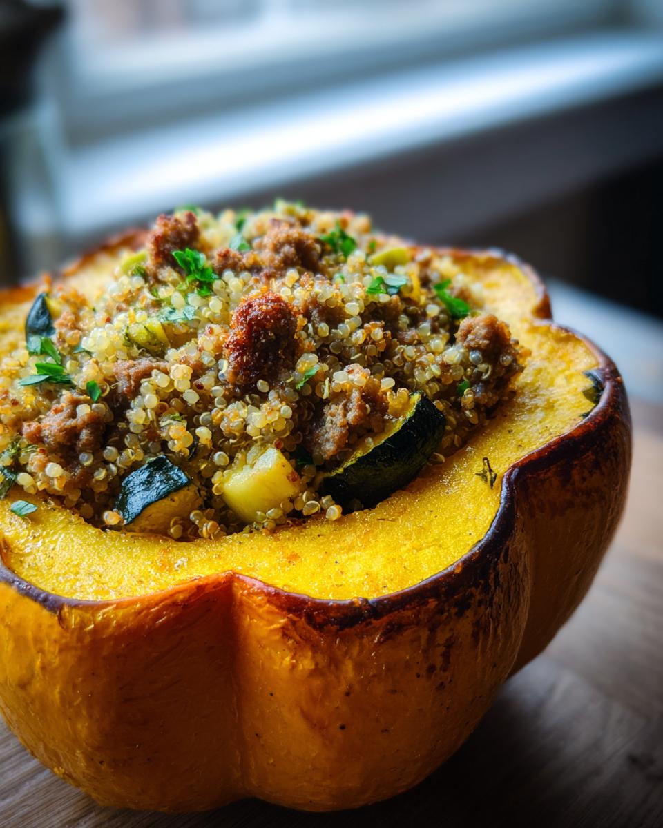 A close-up of a baked acorn squash half filled with a savory stuffing of quinoa, ground meat, and zucchini, ready to eat.