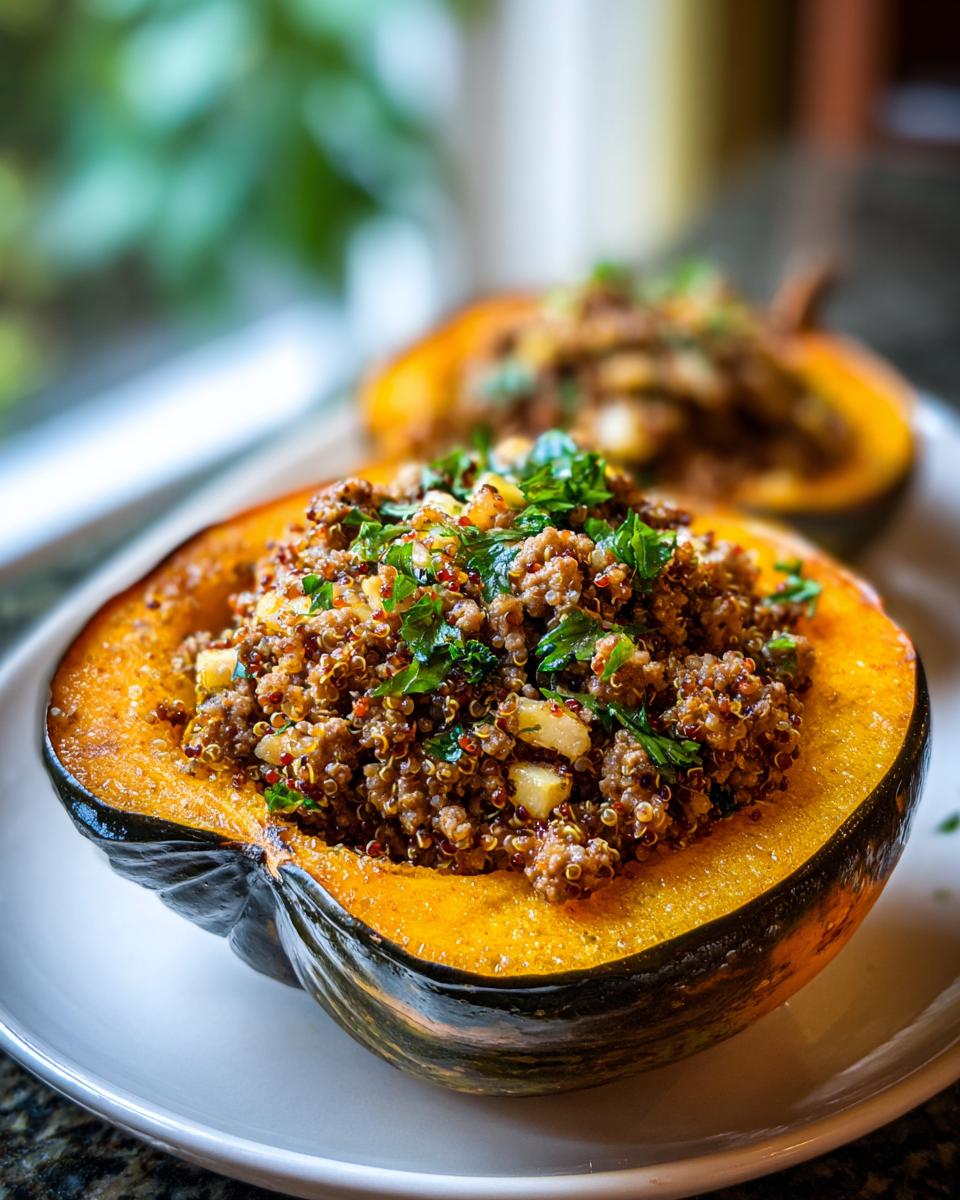 Close-up of a baked acorn squash half filled with savory quinoa stuffing, part of an amazing stuffed acorn squash recipe.