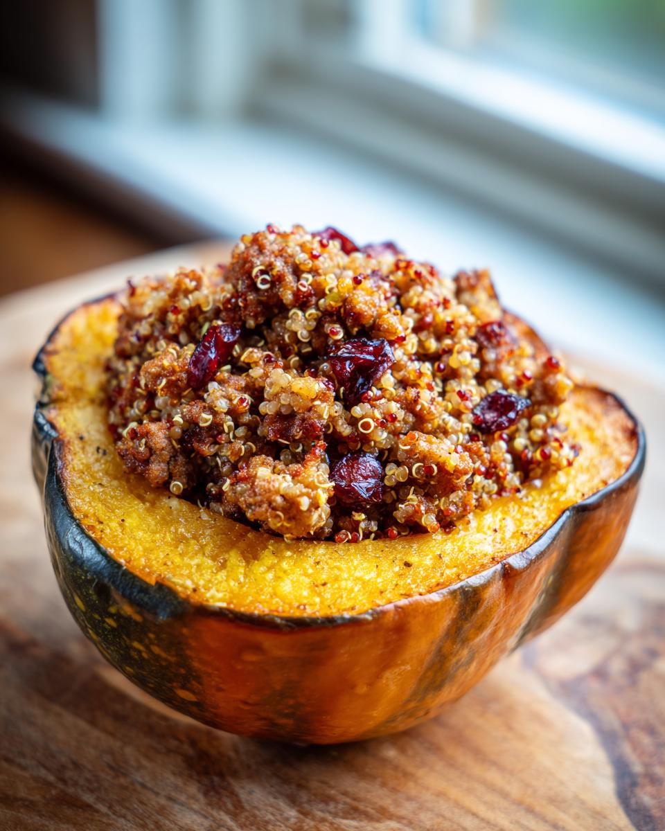 Close-up of half a baked stuffed acorn squash filled with a savory quinoa and cranberry mixture.
