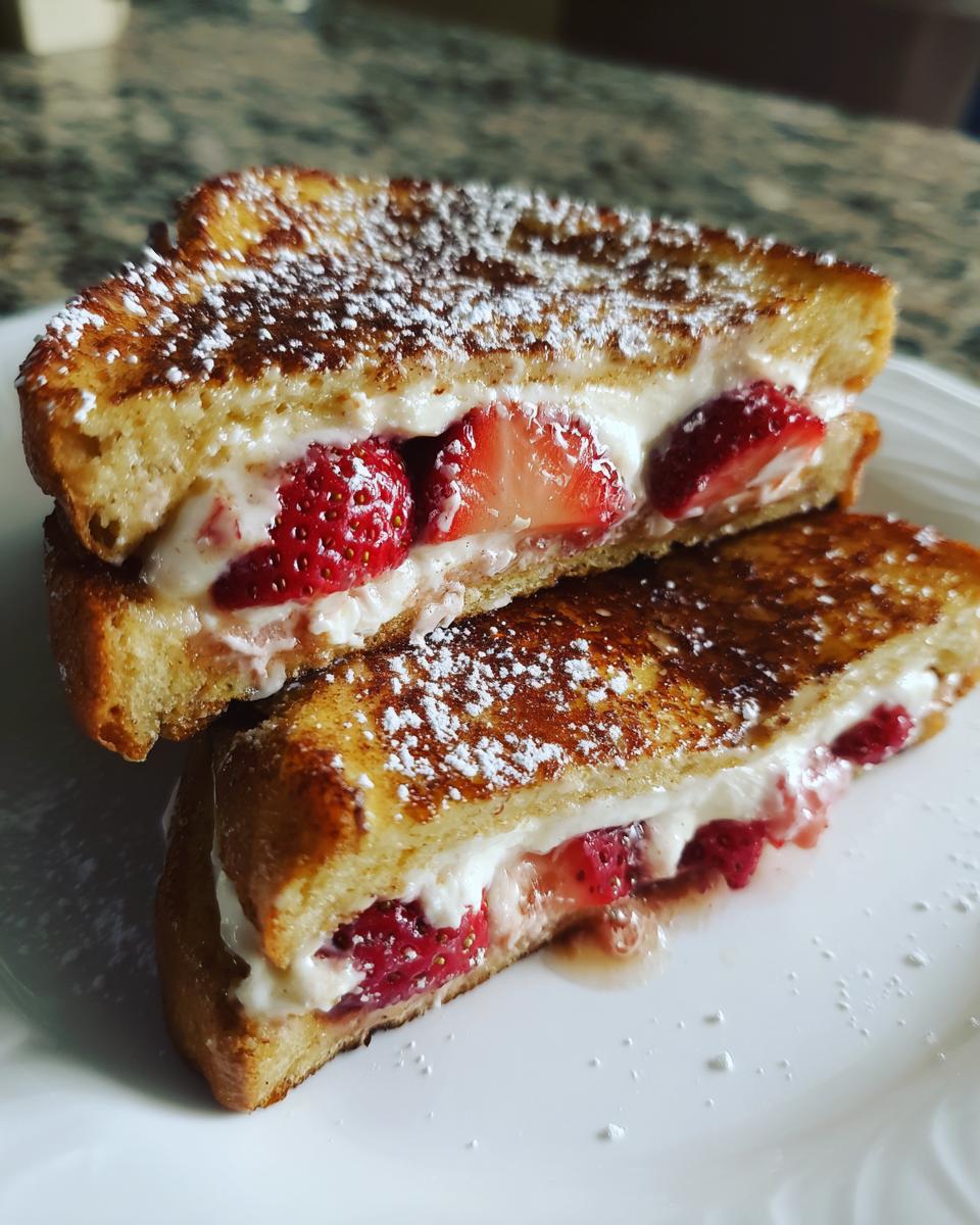 Two halves of amazing stuffed french toast filled with cream cheese and fresh strawberries, dusted with powdered sugar.