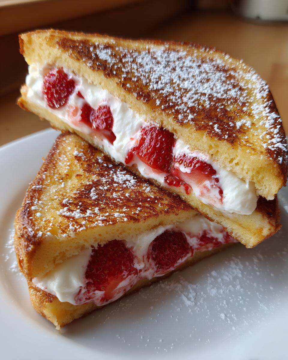 Two halves of golden brown stuffed french toast filled with cream cheese and fresh strawberries, dusted with powdered sugar.