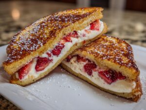Two halves of golden brown stuffed french toast filled with cream cheese and fresh strawberries, dusted with powdered sugar.