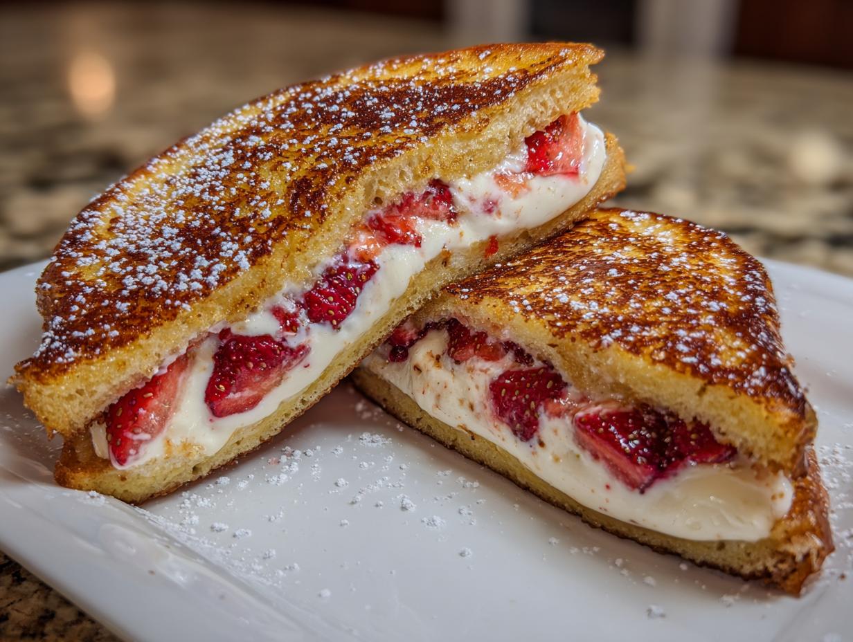 Two halves of golden brown stuffed french toast filled with cream cheese and fresh strawberries, dusted with powdered sugar.