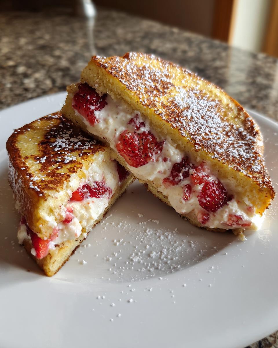 Two halves of amazing stuffed french toast filled with cream cheese and fresh strawberries, dusted with powdered sugar.