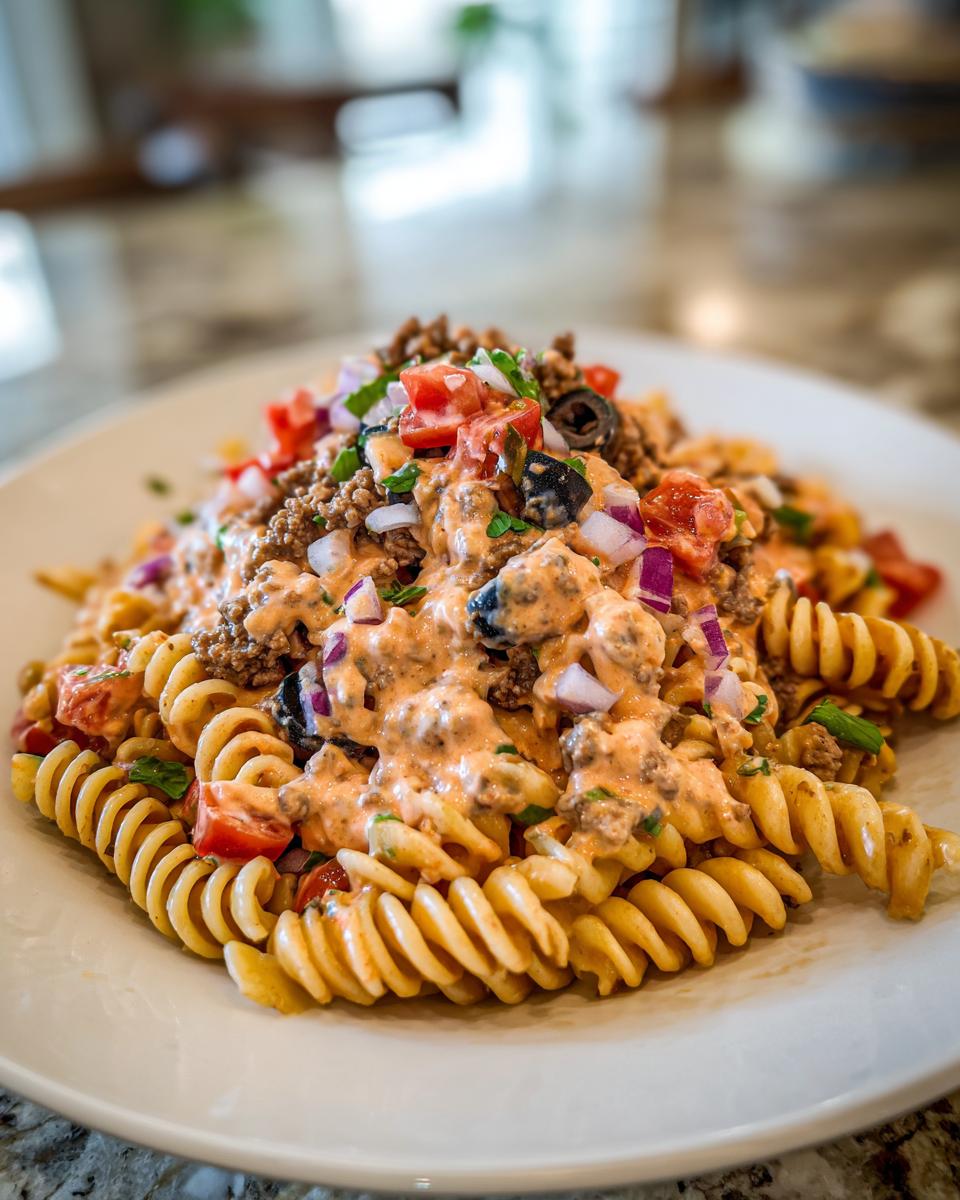 A close-up view of a serving of amazing taco pasta salad featuring rotini pasta, creamy sauce, ground beef, tomatoes, olives, and red onion.