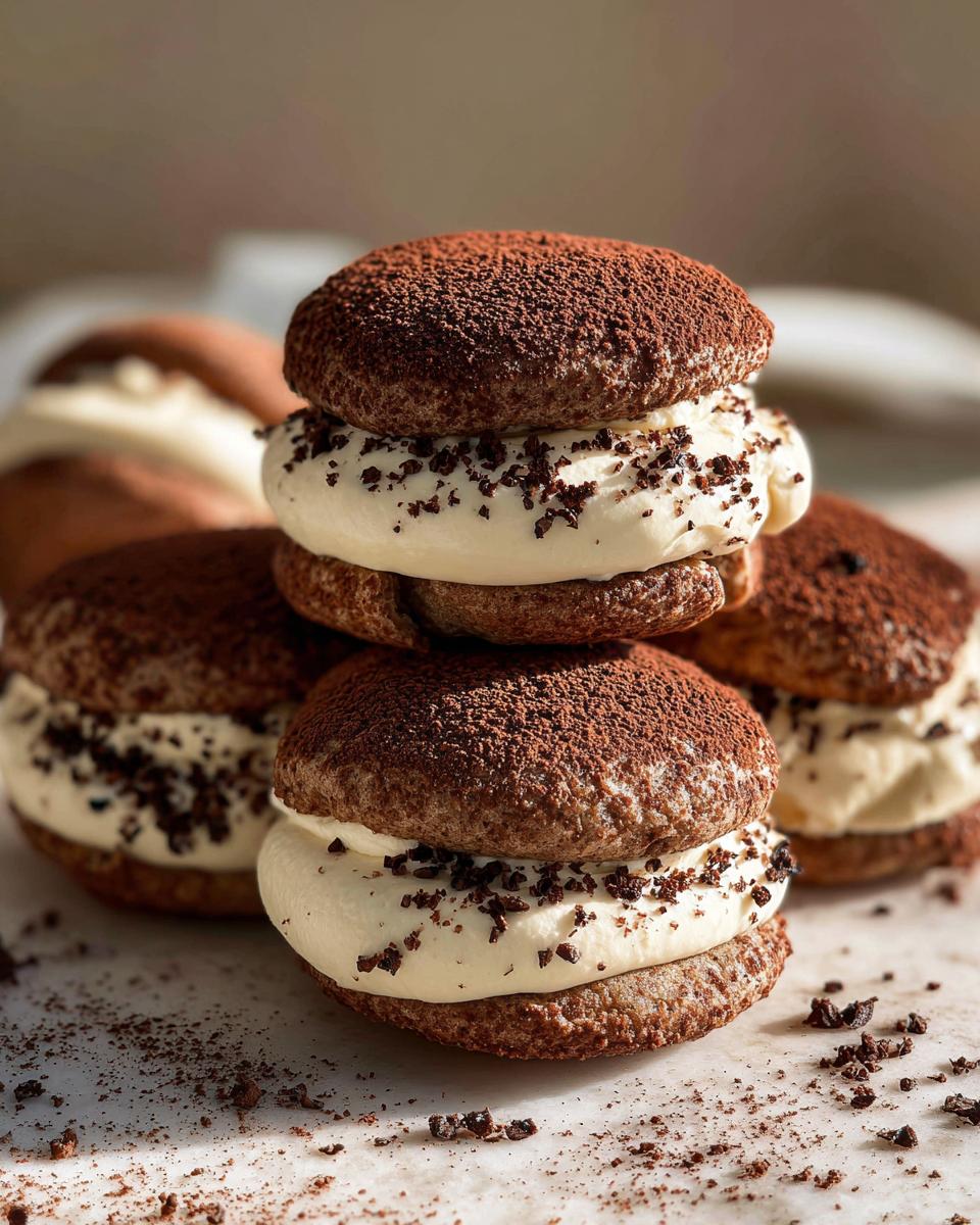 A stack of two decadent tiramisu cookies filled with thick cream and dusted heavily with cocoa powder.