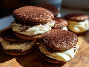 A stack of delicious tiramisu cookies filled with cream and dusted heavily with cocoa powder.