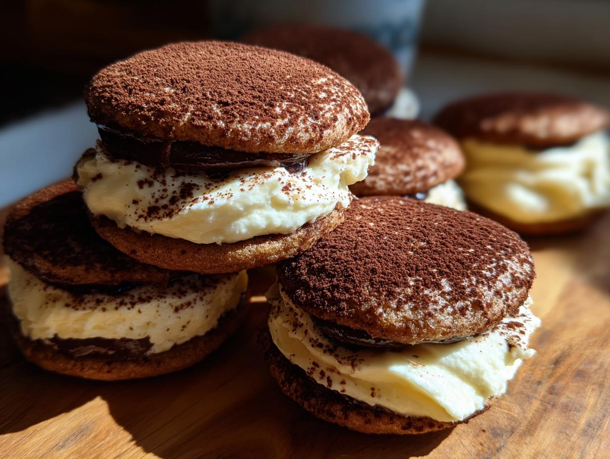 A stack of delicious tiramisu cookies filled with cream and dusted heavily with cocoa powder.