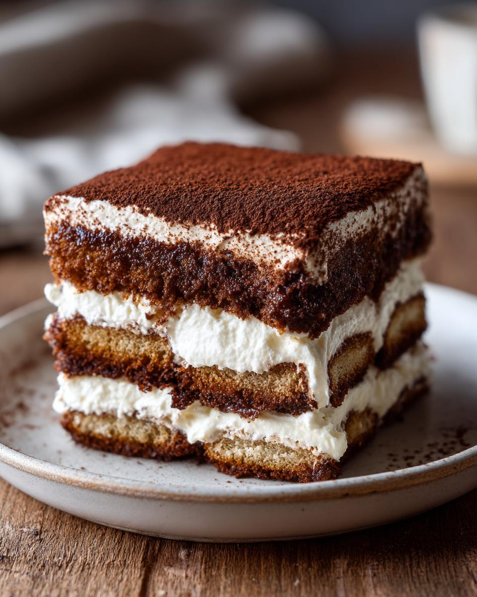 A perfect square slice of layered tiramisu recipe featuring coffee-soaked ladyfingers and rich cream, dusted heavily with cocoa powder.