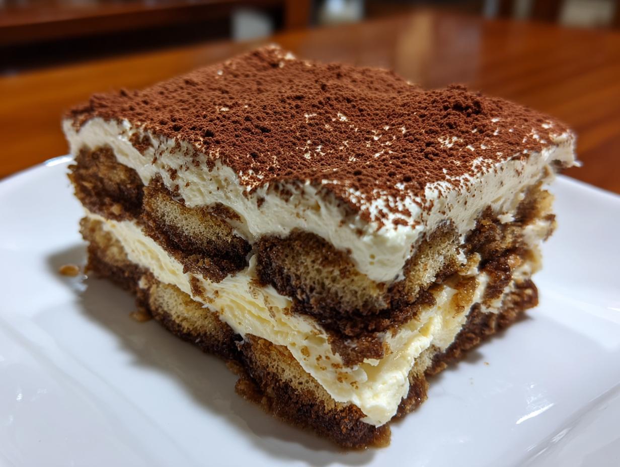 A close-up of a perfect slice of tiramisu recipe showing layers of cream and coffee-soaked ladyfingers, topped with cocoa powder.