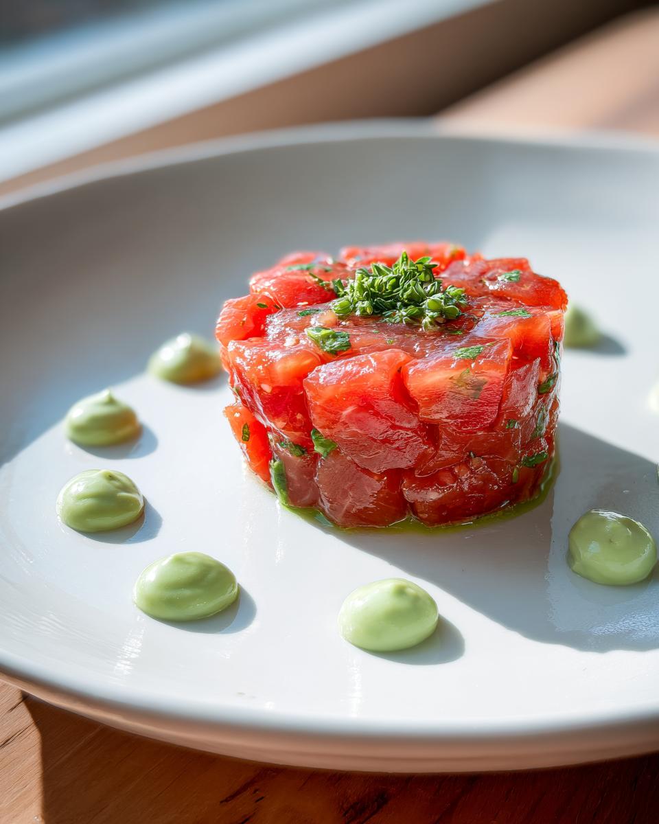 A molded cylinder of bright red tuna tartare topped with fresh herbs, served on a white plate with drops of green avocado aioli.
