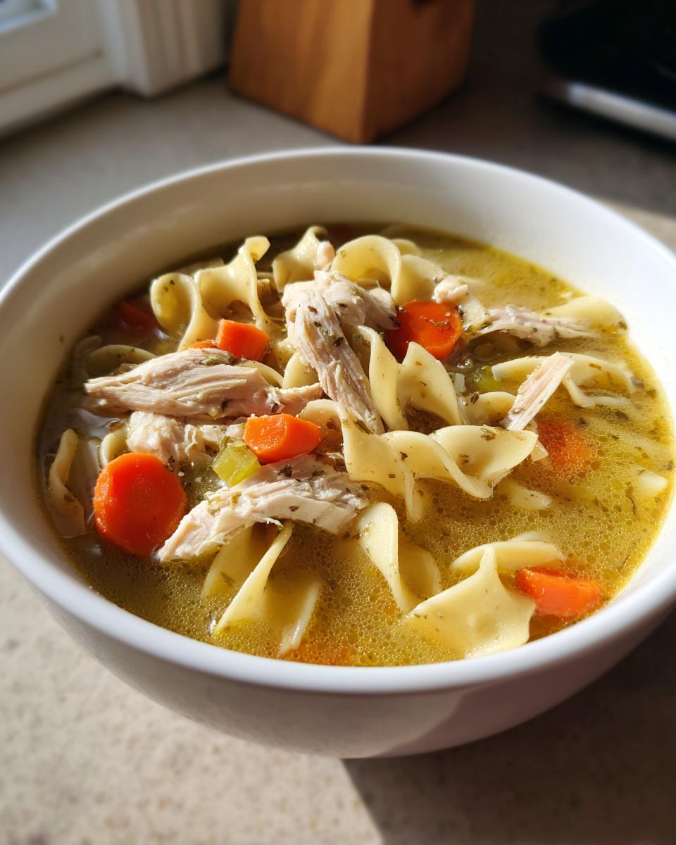 Close-up of a white bowl filled with rich turkey noodle soup, featuring shredded turkey, egg noodles, and bright orange carrots.