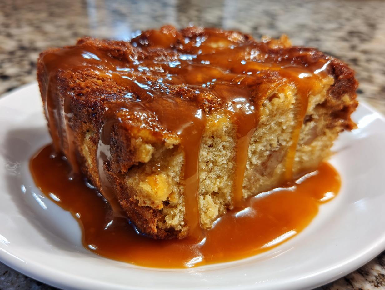 A close-up of a moist slice of apple bread pudding generously drizzled with thick caramel sauce.
