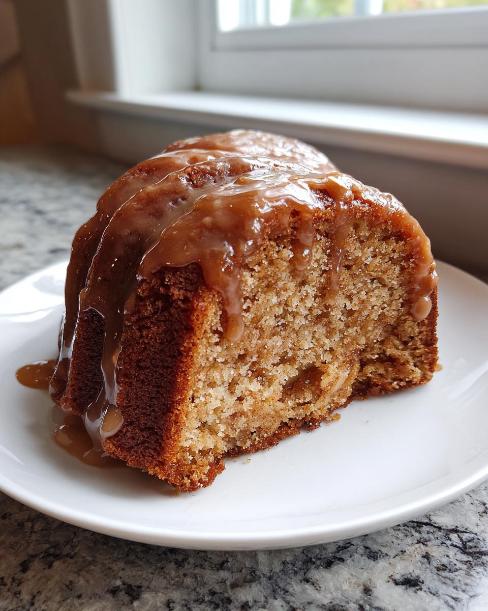 A moist slice of apple bundt cake topped with thick, dripping caramel glaze on a white plate.