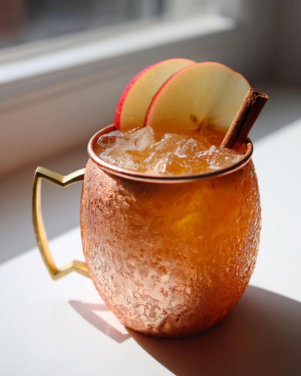 A chilled apple cider moscow mule served in a textured copper mug, garnished with apple slices and a cinnamon stick.