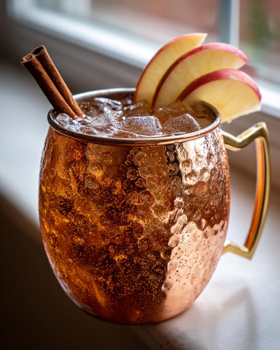 Close-up of an Apple Cider Moscow Mule cocktail filled with ice in a hammered copper mug, garnished with apple slices and cinnamon sticks.